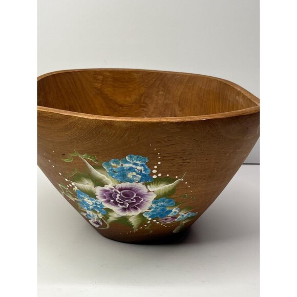 Large Winsome Teak Wood Salad Bowl Hand Painted - Picture 7 of 10